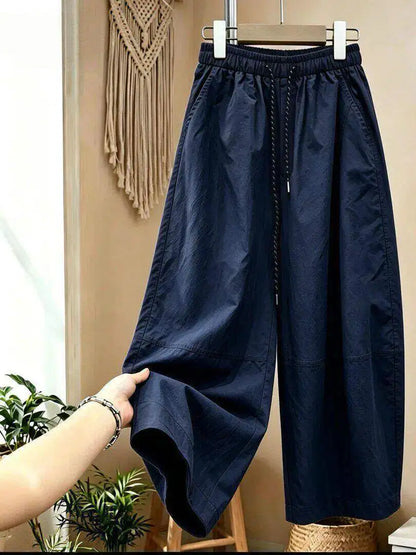 Loose Casual Pants Women Summer Large Size Comfortable Small Nine Points Balloon Pants High Waist Straight Leg Pure Color