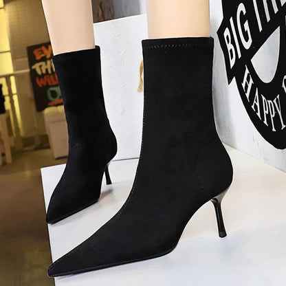 BIGTREE Shoes Suede Women's Ankle Boots Stiletto Heels Women 5.5 cm Sharp Pointed Women's Boots Fashion Short Boots Autumn Shoes
