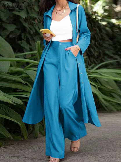 ZANZEA Spring 2PCS Outfits Fashion Long Sleeve Shirt Loose Pant Sets Women Elegant Matching Sets Stylish Solid Work Tracksuits
