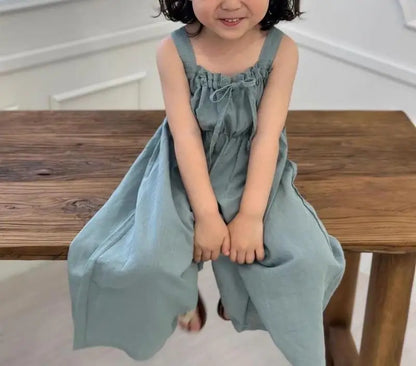 2026 Summer New Girls Jumpsuit Loose Children Wide Leg Pants Cotton Baby Girls Sling Pants Fashion Kids Clothes