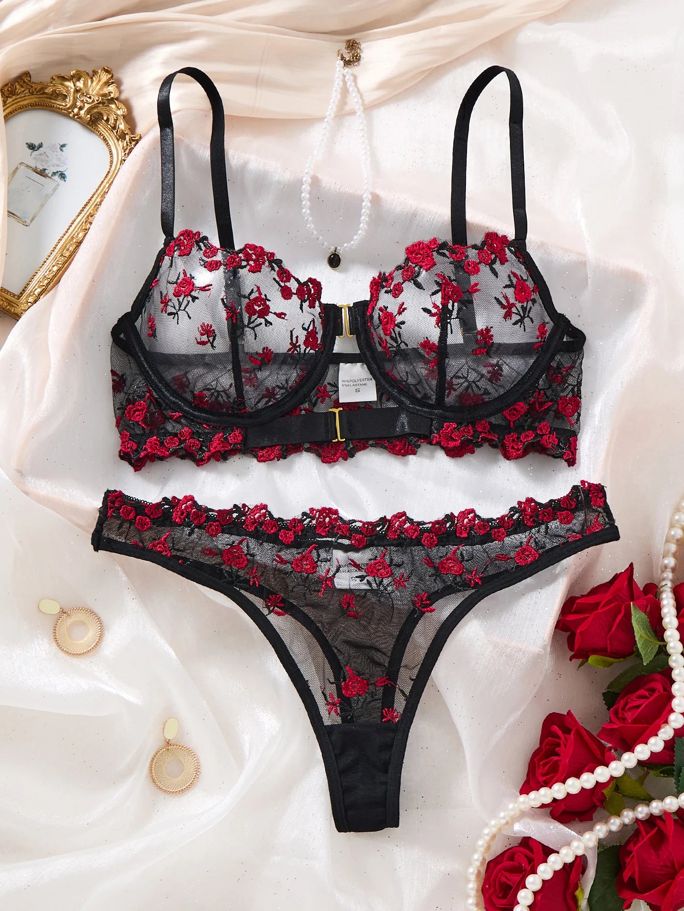 Women Black Red Floral Embroidery Lingerie Set Sheer Mesh Front Closure Underwire Bra & Thong 2‑Piece Intimate Underwear S‑XL