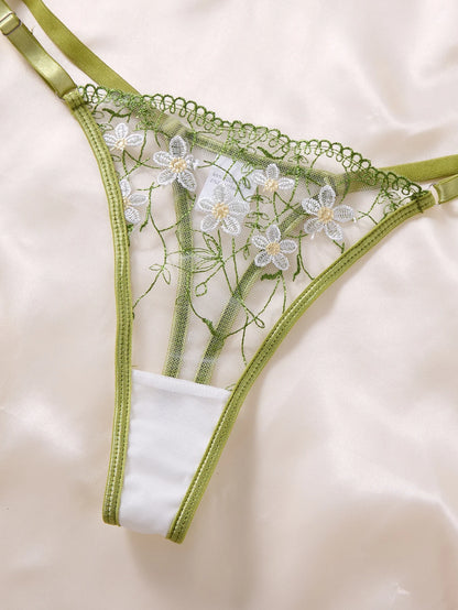 Ladies Sage Green Flower Embroidered Lace Bra Thong Set Sheer Mesh Lingerie Outfit Romantic Intimate Sleepwear ZA825194