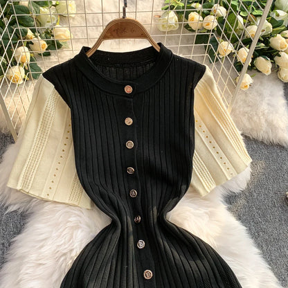 YuooMuoo Women Dress 2026 Spring and Summer Elegant Patchwork One-Piece Knitted Maxi Dress Office Lady Slim Waist Sweater Dress