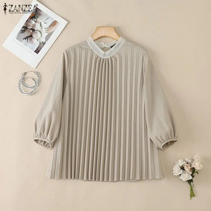 ZANZEA Women Fashion Pleated Front Blouses Contrast-Color O-Neck 3/4 Puff Sleeve Loose A-Line Tops Chic Blusa Mujer Streetwear