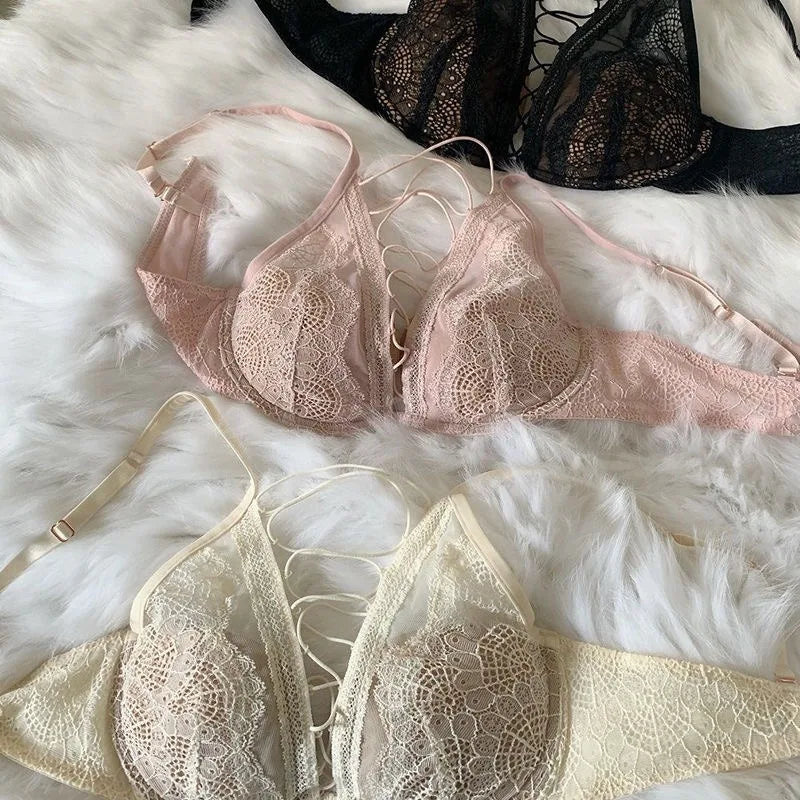 French Lace Bralette Set Small Bust Women Soft Wire Support Sexy Pure Hollow Out Lace Up Comfort T-Shirt Bra Everyday MOYISU AB