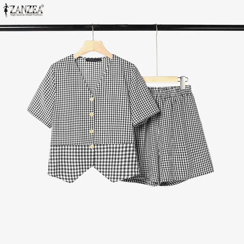 ZANZEA Women's Gingham Patchwork Short Sets Short Sleeve Tops & Elastic Waist Shorts 2 Piece Suits Summer Daily Casual Outfits