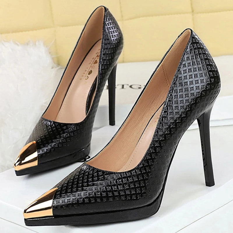 BIGTREE Shoes Embossed Patent Leather Women Pumps Metal Pointed Tip High Heels Sexy Party Shoes Stilettos 11.5 Cm Heels Platform