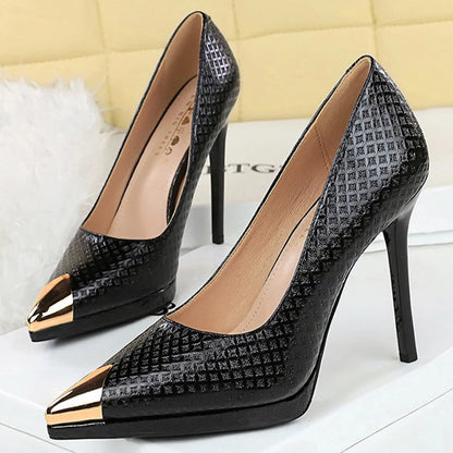 BIGTREE Shoes Embossed Patent Leather Women Pumps Metal Pointed Tip High Heels Sexy Party Shoes Stilettos 11.5 Cm Heels Platform