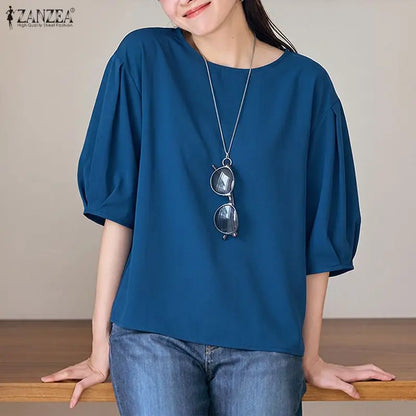 ZANZEA 2026 Summer Casual Blouses Woman O-Neck Half Puff Sleeves Solid Color Loose Tops Minimalist Everyday Wear Blusas de Mujer
