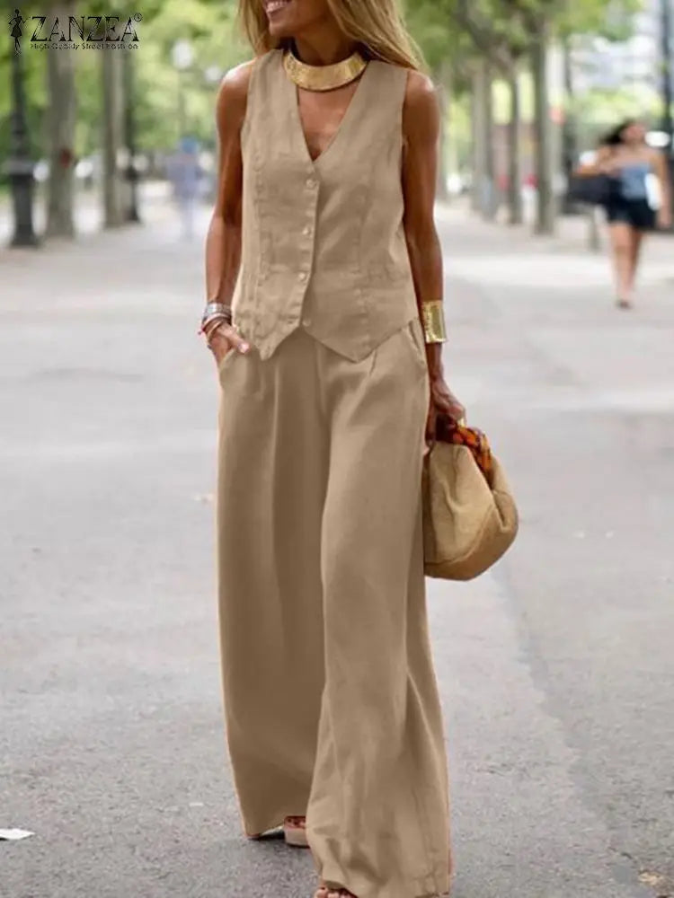 Stylish Summer Tracksuits Women Blazer Suit Solid Tanks Tops & Wide Leg Pants ZANZEA Elegant Matching Sets Work Outfits