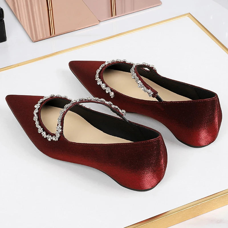 BIGTREE Shoes Rhinestone Chain Low Heeled Women's Shoes Metal Decoration Wedge heels Pointed Ladies Shoes Luxury Banquet Shoes