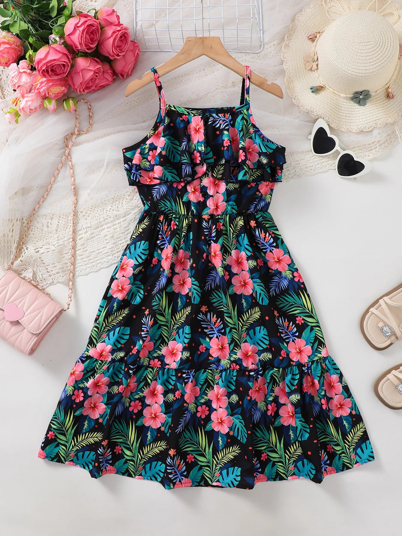 Girls Casual Summer Tropical Rainforest Pattern Dress with Halter Leaf Edge Suitable for Daily Casual Wear Children's Clothing