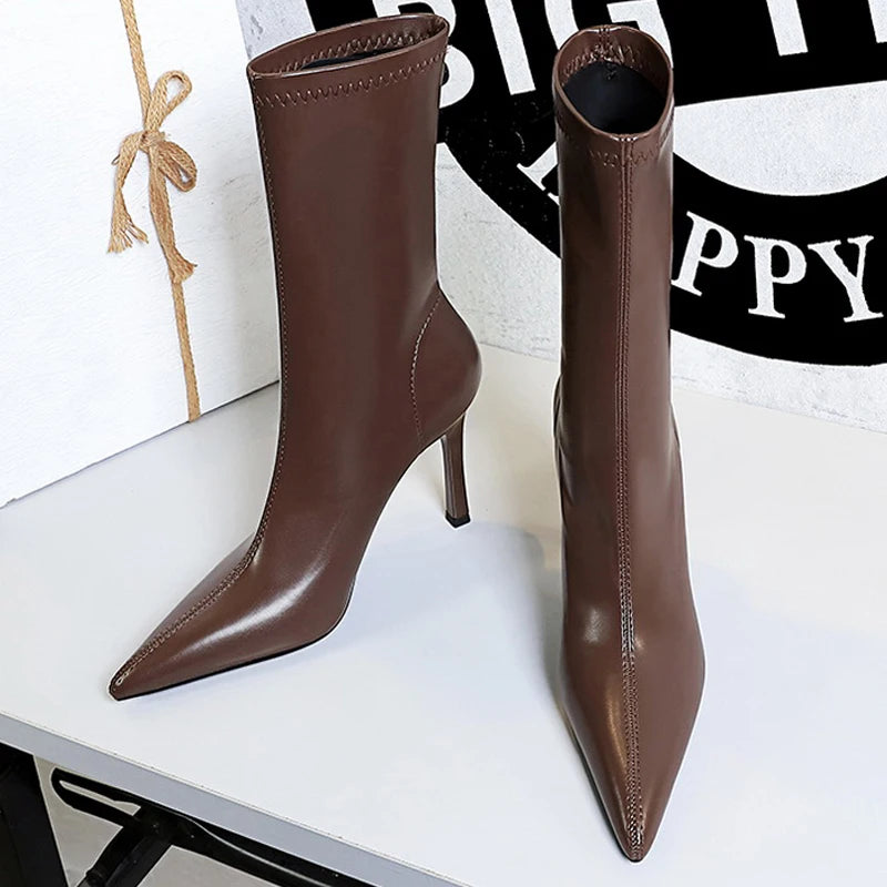 BIGTREE Shoes Ladies' Leather Boots Pointed End Women Ankle Boots Stiletto Heels Ladies Shoes Autumn Winter Shoes Short Boots