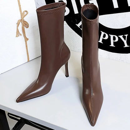 BIGTREE Shoes Ladies' Leather Boots Pointed End Women Ankle Boots Stiletto Heels Ladies Shoes Autumn Winter Shoes Short Boots