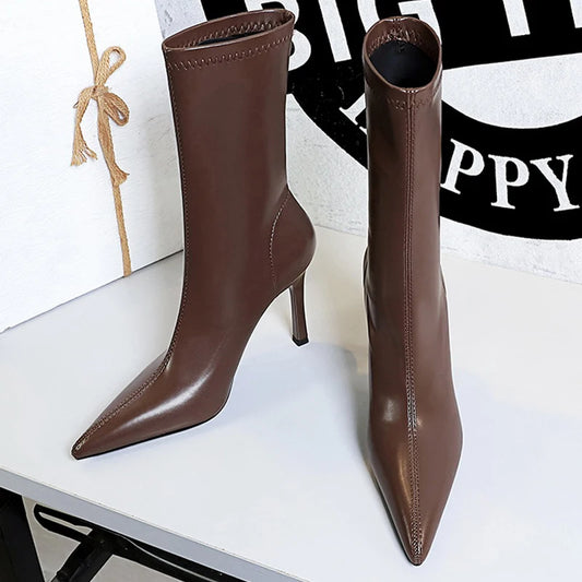 BIGTREE Shoes Ladies' Leather Boots Pointed End Women Ankle Boots Stiletto Heels Ladies Shoes Autumn Winter Shoes Short Boots