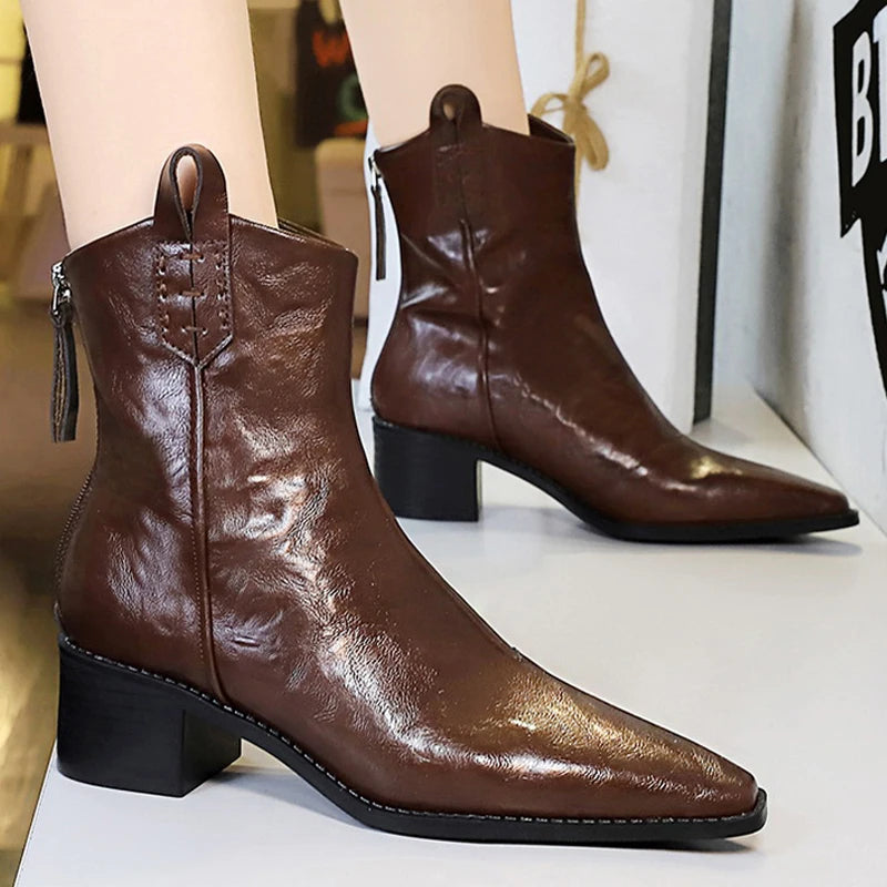 BIGTREE Designer Punk Vintage Pointed Toe Women Ankle Boots Autumn Winter Zipper Shoes Women Fashion Square Heel Botas Mujer