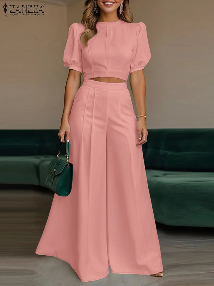 ZANZEA Women's Pant Sets 2 Piece Elegant Chic Short Crop Tops & Wide Leg Pants Two Piece Outfits Trouser Suits Woman Clothes 3XL
