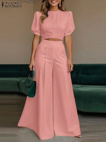 ZANZEA Women's Pant Sets 2 Piece Elegant Chic Short Crop Tops & Wide Leg Pants Two Piece Outfits Trouser Suits Woman Clothes 3XL