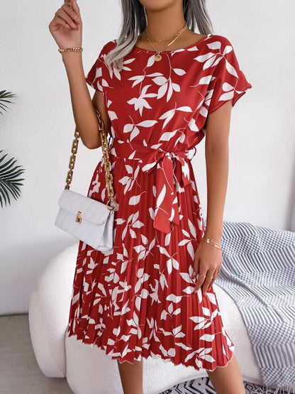 Ficusrong Fashion Floral Pleated A Line Long Dress Women Spring Summer Short Sleeve High Waist Chic Dress