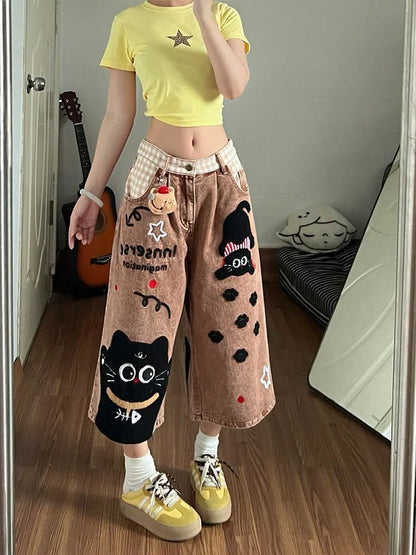 New Summer Cartoon Embroidery Patch Women Casual Loose Medium Pants Harajuku Gothic Black Men and Women Shorts