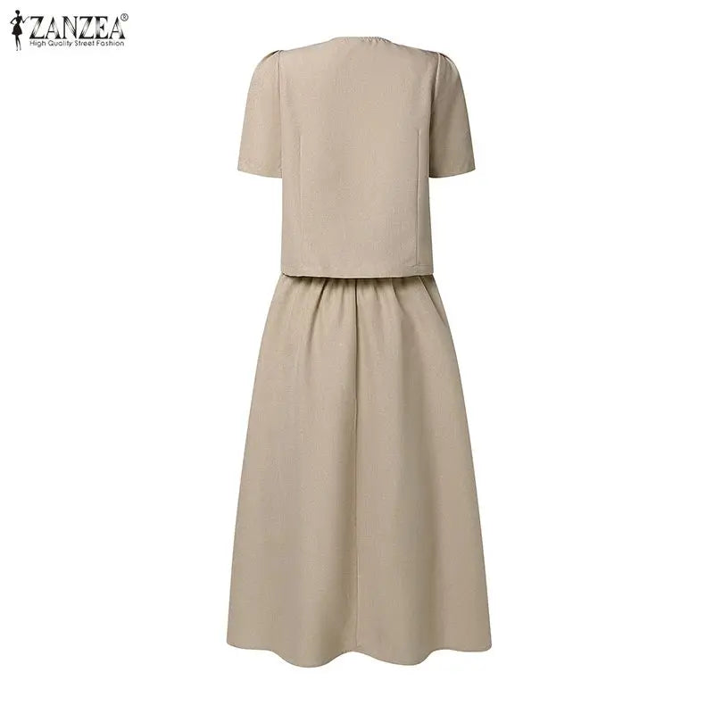 2026 ZANZEA Summer Outfits Elegant Women OL Work Dress Sets Short Sleeve Cropped Shirt A Line Skirt Suit Office 2 Pieces Sets