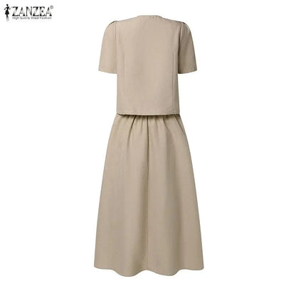2026 ZANZEA Summer Outfits Elegant Women OL Work Dress Sets Short Sleeve Cropped Shirt A Line Skirt Suit Office 2 Pieces Sets