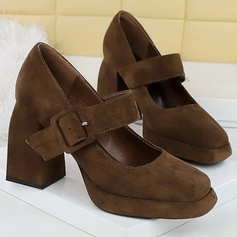 BIGTREE Shoes Spring Chunky Women Pumps Belt Buckle High Heels Square Headed Platform Heels Suede Block Heels Ladies Shoes New