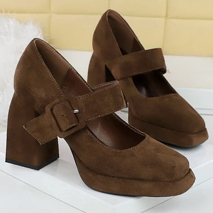 BIGTREE Shoes Spring Chunky Women Pumps Belt Buckle High Heels Square Headed Platform Heels Suede Block Heels Ladies Shoes New