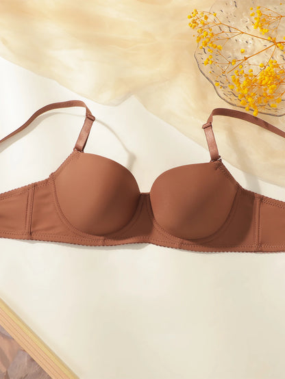 Women’s Pure Color Underwire Bra & Panty Set  Push Up T-Shirt Bra Full Cup with Side Support Everyday Comfort Lingerie Set J2611