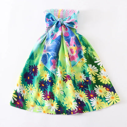 Summer Girls New Floral Dress Sling Ruffles Bohemian Beach Princess Dresses for Girl Clothing  2 6 8 12 Years With Necklace Gift