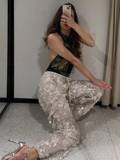 Silver 3d Petal Sequin Casual Pant Elastic Waist Loose Slimming Sequin Wide-leg Pants 2026 Evening Gathering Vibe Outfit