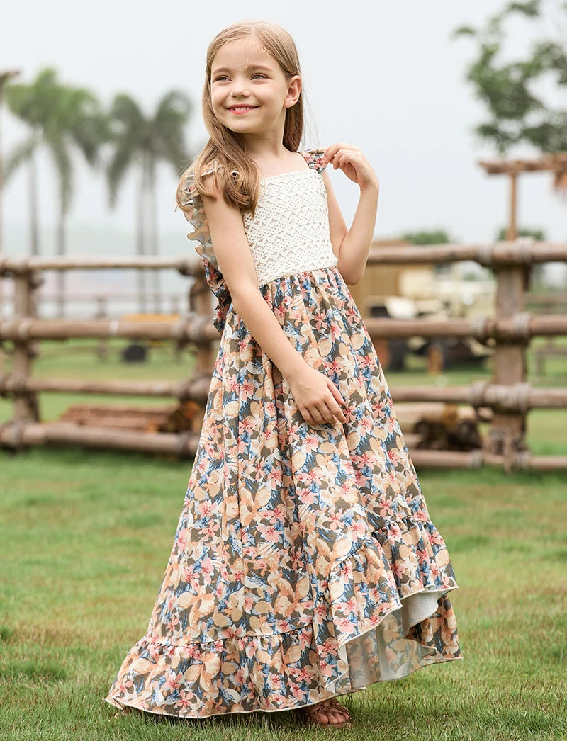 BIBIHOU Bohemian Style Dress for Girls Elegant Vintage Butterfly Costume Long dress Girls Clothes From 4 to 12 years old