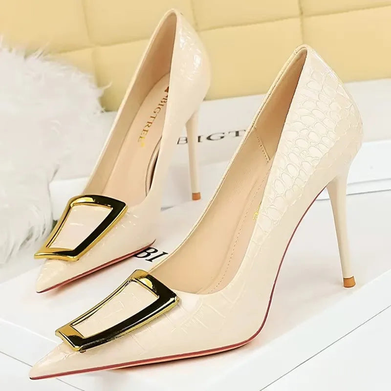 BIGTREE Shoes Women 10 Cm Metal Belt Buckle Ladies Pumps Women Luxury Banquet Shoes Stilettos High Heels Women Sexy Party Shoes