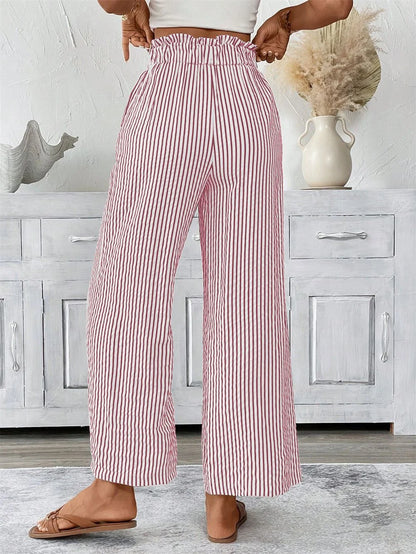 Spring Summer New High Waist Straight Leg Pants Women, European Stripe Wide Leg Trousers, Office Casual Paper Bag Pants, Loose F