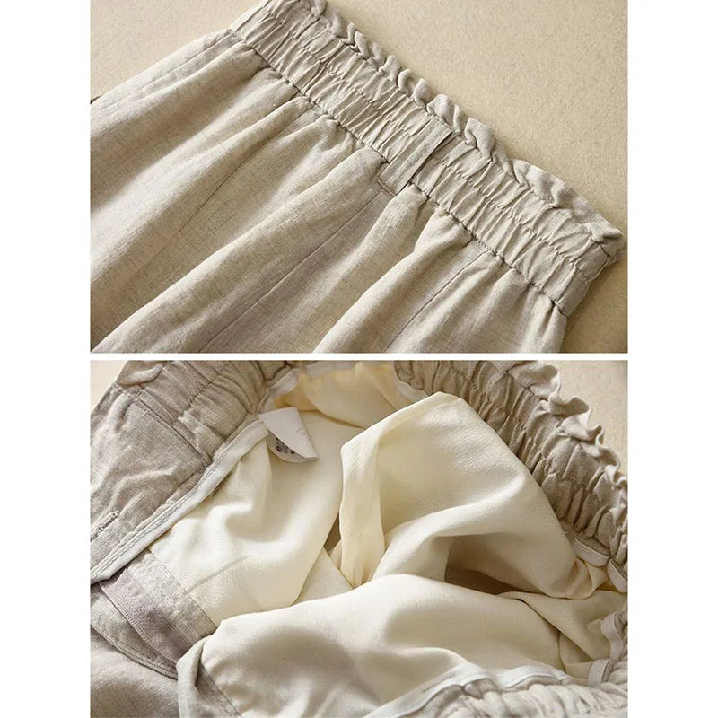Summer Thin High Waisted Flax Wide Leg Pants Female Solid Color Flower Bud Waist Straight Leg Trousers Lady Cotton Linen Pant