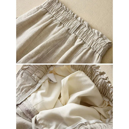 Summer Thin High Waisted Flax Wide Leg Pants Female Solid Color Flower Bud Waist Straight Leg Trousers Lady Cotton Linen Pant