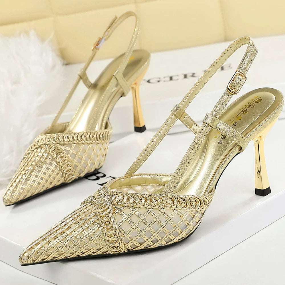 BIGTREE Shoes Hollow Woven Mesh Women Pumps Pointed Tip Stiletto High Heels 8 cm Buckle Heeled Sandals Women Summer Ladies Heels