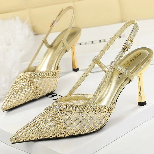 BIGTREE Shoes Hollow Woven Mesh Women Pumps Pointed Tip Stiletto High Heels 8 cm Buckle Heeled Sandals Women Summer Ladies Heels