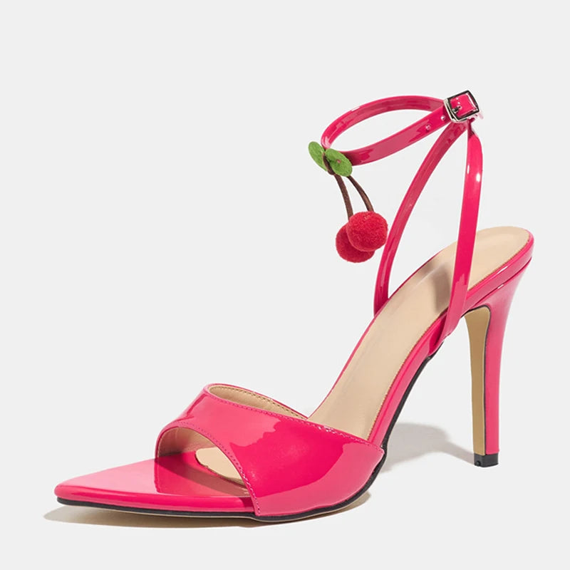 Cute Fruit Pendant Decoration Pink Ankle Strap Heeled Sandals Women Summer Sexy Open Toe High Heels for Ladies Party Dress Shoes