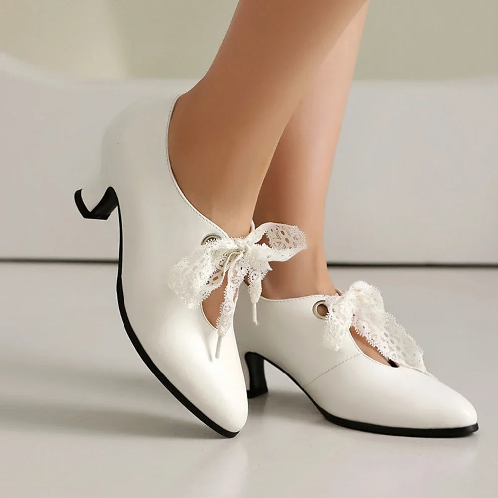 Women Fashion Spring and Summer New Pointed Toe Closed Toe High Heels Retro Lace Up Bridal Shoes Office Party Single Shoes 215-1