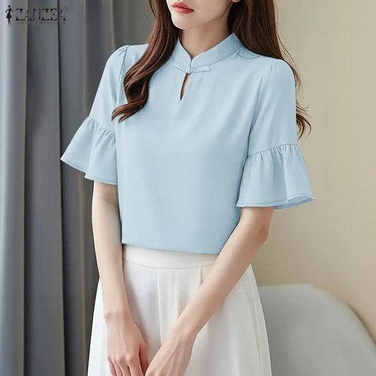 ZANZEA Woman Vintage Mandarin Collar Blouses Retro Flared Sleeves Frog Button Tops Summer Casual Solid Color Blusas de Mujer