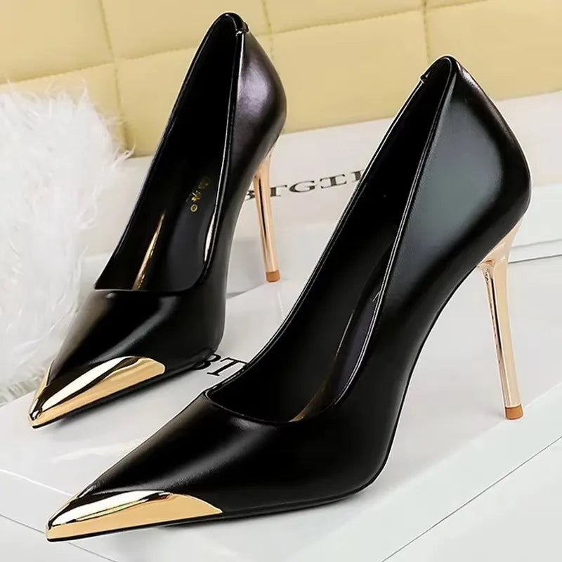 BIGTREE Shoes Retro High Heels Metal Pointed Tip Women Pumps Stiletto 9.5 Cm 4.5cm Heels Sexy Party Shoes Fashion Office Shoes