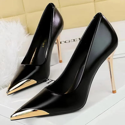 BIGTREE Shoes Retro High Heels Metal Pointed Tip Women Pumps Stiletto 9.5 Cm 4.5cm Heels Sexy Party Shoes Fashion Office Shoes