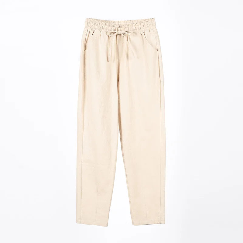 Womens Spring Summer Pants Cotton Linen Solid Elastic Waist Candy Colors Harem Trousers Casual Female Pants