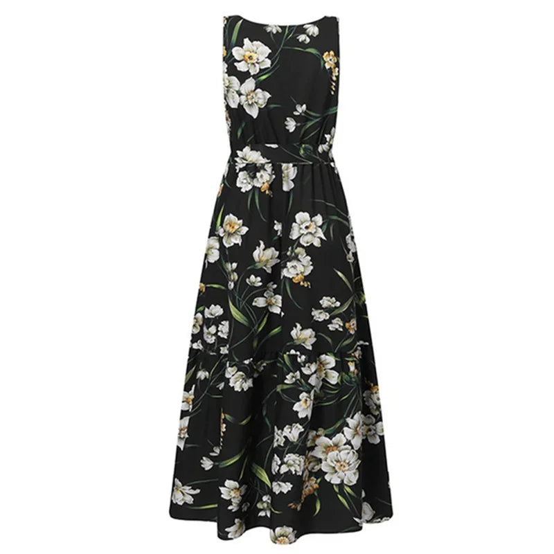 Summer Sweet Style Print Sleeveless Dresses Women High Waist Lace-up O Neck Pullover Dress Casual Female Frock Pleated Hem Gown