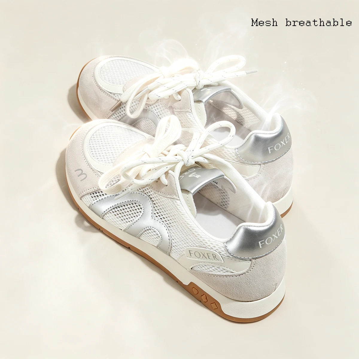 FOXER Retro Mesh Sneakers for Women Pig Split Leather Fashion Ladies Casual Running Shoes Daily Non Slip Walking Footwear