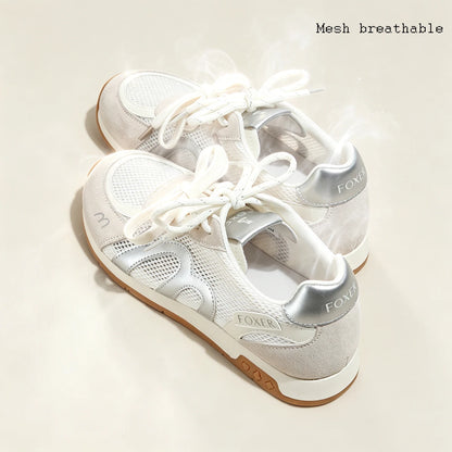 FOXER Retro Mesh Sneakers for Women Pig Split Leather Fashion Ladies Casual Running Shoes Daily Non Slip Walking Footwear