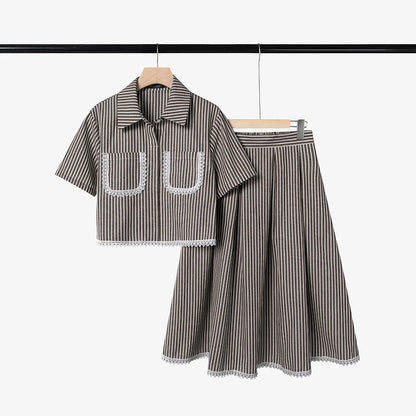 ZANZEA Women's Lace Trim Striped Skirt Suits Short Sleeve Crop Shirt & A-Line Midi Skirt 2 Pieces Sets Fashion Skirt Sets Outfit