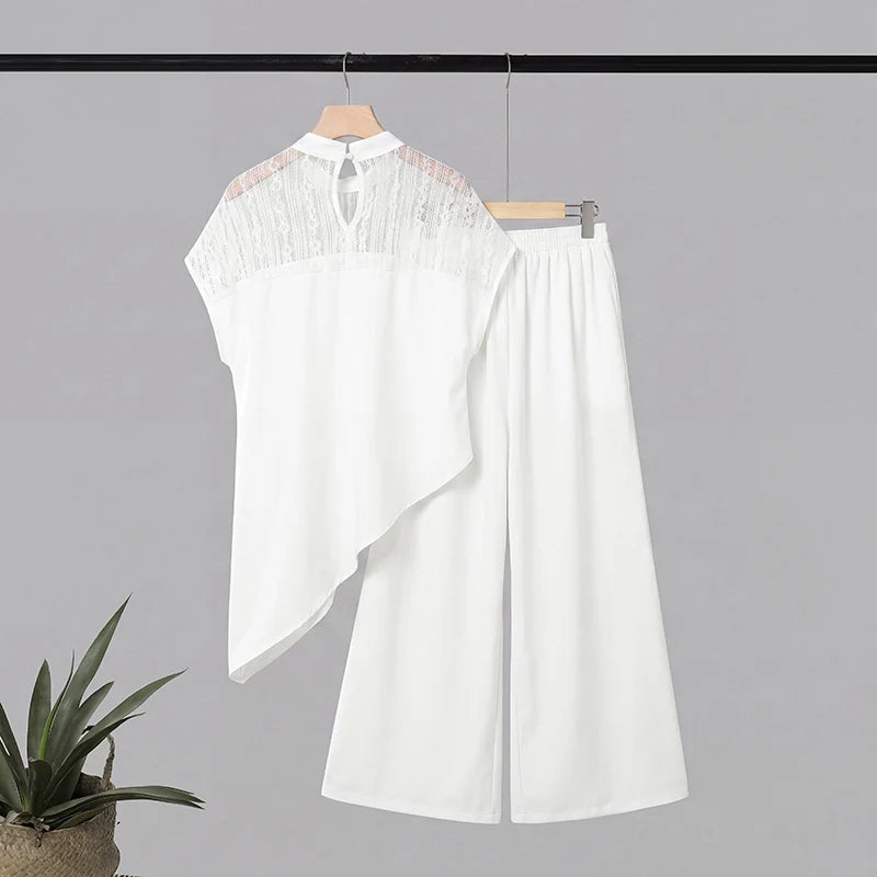 ZANZEA Women Elegant 2-Piece Pant Sets Lace Patchwork Asymmetrical Hem Blouse & Wide Leg Pant Matching Sets Loose Chic Co-ords
