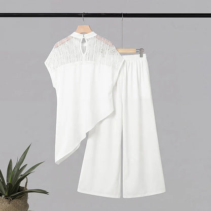 ZANZEA Women Elegant 2-Piece Pant Sets Lace Patchwork Asymmetrical Hem Blouse & Wide Leg Pant Matching Sets Loose Chic Co-ords